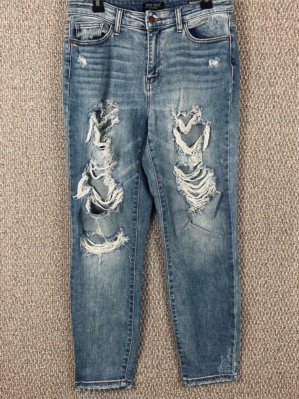 Judy Blue Jeans 7/28 Boyfriend Fit Blue Denim Womens Thrashed Distressed E112